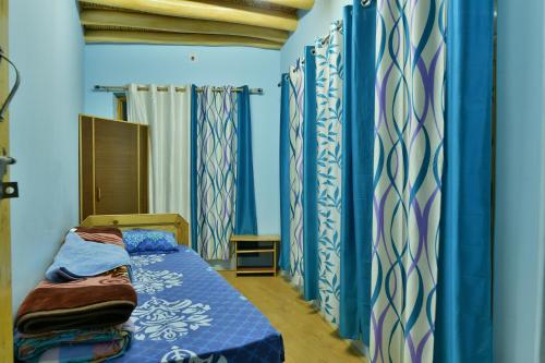 列城Lhachik Guest House的一间拥有蓝色墙壁的卧室和一张位于客房内的床