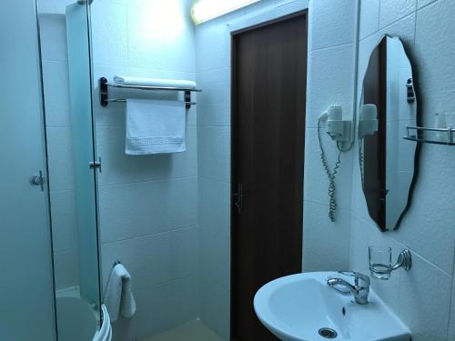 阿斯塔纳Hotel Shagyn的浴室配有盥洗盆和带镜子的淋浴