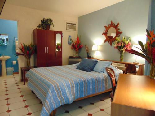 圣何塞卡萨利马住宿加早餐酒店的一间卧室配有一张床和一张桌子