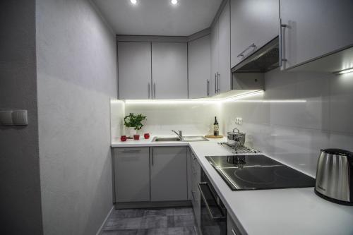 奥尔什丁Apartamenty u Szwejka Stare Miasto的白色的厨房配有白色橱柜和水槽