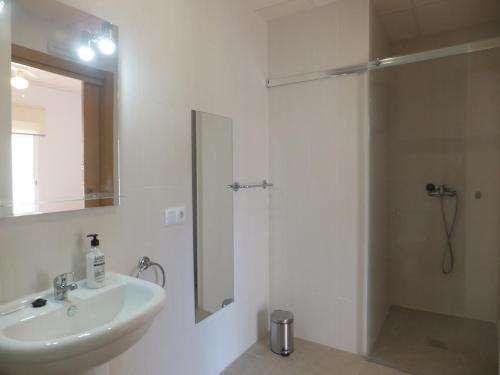 阿利坎特Hostal El Paraiso Playa Alicante的白色的浴室设有水槽和淋浴。