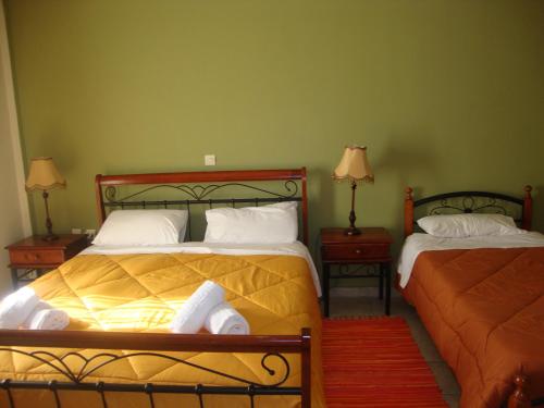 皮尔戈斯迪鲁Kafiona Guesthouse的一间卧室设有两张床和两个带灯的床头柜。