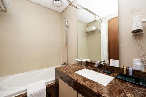 首尔美利来酒店首尔明洞.的浴室配有盥洗盆和浴缸。
