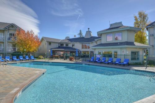 南太浩湖Beach Retreat & Lodge at Tahoe的一个带蓝色椅子的游泳池