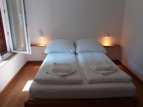 巴特埃姆斯Ferienhaus Baederleiblick的一张位于房间的床,上面有两个枕头