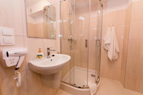 斯克拉斯卡波伦巴Villa Obis的一间带水槽和淋浴的浴室