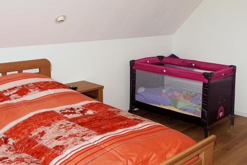 海尔肯博斯Droomzzz的一间卧室配有一张床,并在一间客房内配有电视。