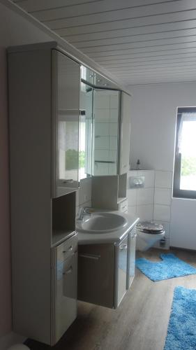 OberhausenFerienwohnung Tine的一间带水槽、镜子和卫生间的浴室