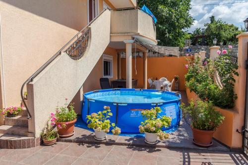 蒂瓦特Apartments Vuksanovic的庭院里设有热水浴池,种植了盆栽植物