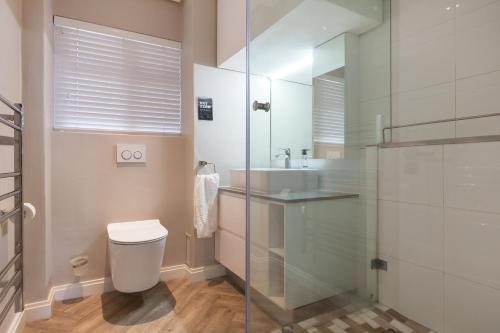 开普敦Warren Heights 503 by CTHA的一间带卫生间和玻璃淋浴间的浴室