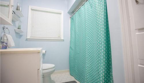 哥伦布The Pineapple Lady 13min to Fort Benning的一间带绿色淋浴帘的淋浴的浴室
