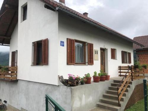 Ličko Petrovo SeloApartman NINA的白色的房子,有楼梯和窗户,种植了盆栽植物