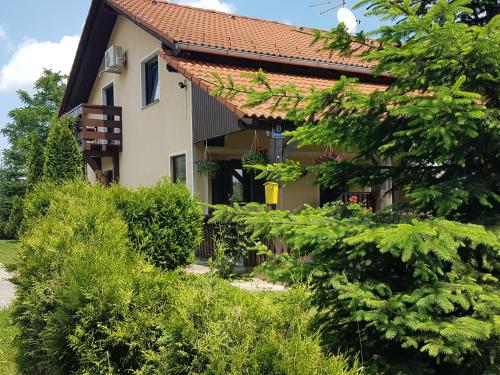 拉科维察佩特拉酒店的一座红屋顶和绿色灌木的房子