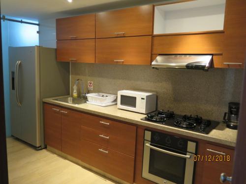 圣安德烈斯Tamarindo Centro Vip Apartment的厨房配有木制橱柜、炉灶和微波炉。