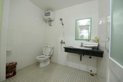 吉婆岛catba island hotel的一间带卫生间、水槽和镜子的浴室