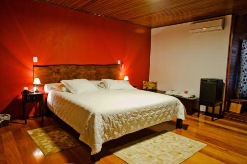 新彼得罗波利斯蒲萨达皮哈勒奥拓酒店的一间卧室设有一张床和红色的墙壁