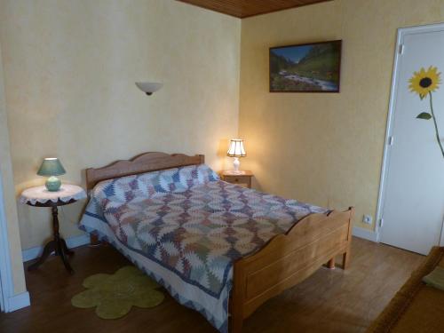 La Barthe-de-Neste乐普隆达特住宿加早餐旅馆的一间卧室配有一张床和一张带台灯的桌子