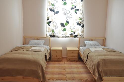 TordasBokros Vendégház的带窗户的客房内设有两张单人床。