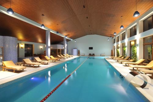 卡希El Resort Hotel的一个带躺椅的室内游泳池和游泳池