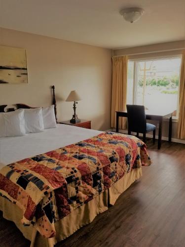 伊利Lake Erie Lodge的配有一张床、一张书桌和一扇窗户的酒店客房