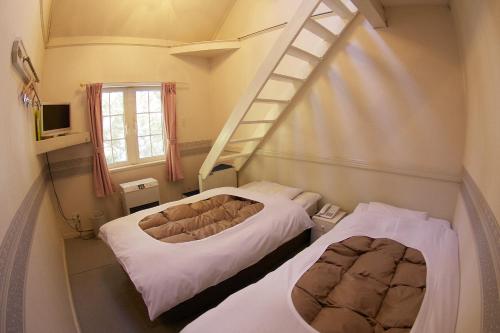 白马村白马太阳谷酒店的客房设有两张床,墙上设有梯子。