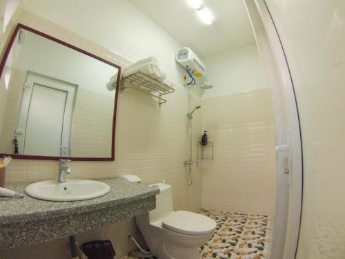 宁平Tam Coc Victoria Hotel的一间带水槽、卫生间和镜子的浴室