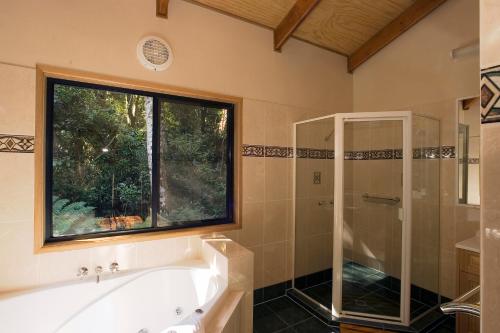 春溪斯普林布如克里瑞伯德瑞翠特酒店的一间带浴缸和淋浴的浴室以及窗户。