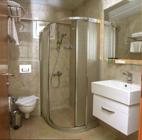 伊斯坦布尔绿色花园酒店的带淋浴、盥洗盆和卫生间的浴室