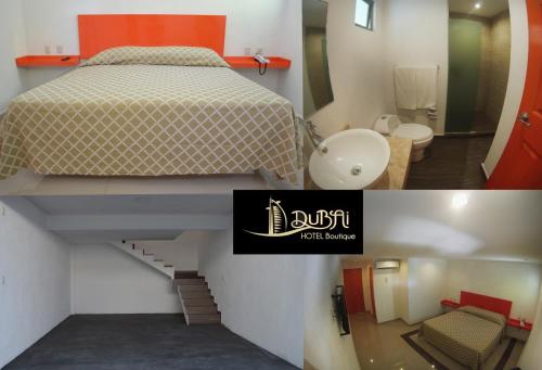 阿卡普尔科Hotel Boutique Dubai的两张照片,一间房间,配有一张床和一间浴室