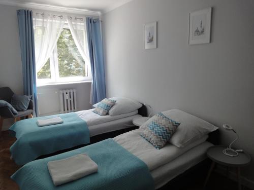琴斯托霍瓦Apartament Jasny的一间带两张床和窗户的客厅