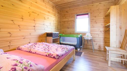 鲁斯诺沃Rodzinne Rusinowo的小木屋内设有一间带一张床和电视的卧室