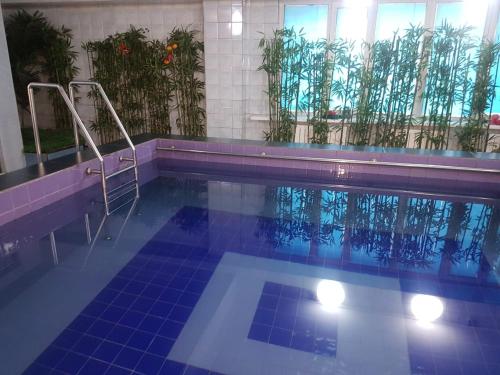 阿拉木图Hotel Kezdesu的一个带蓝色瓷砖地板的游泳池