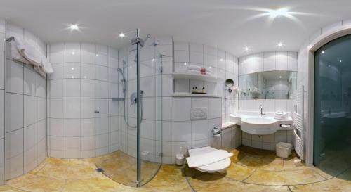 上施陶芬Hotel Hirsch的带淋浴、卫生间和盥洗盆的浴室