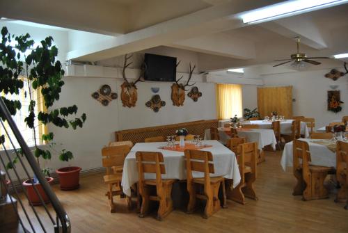 彼得罗沙尼Cabana Popasul Haiducilor的一间带桌椅的餐厅以及墙上的电视