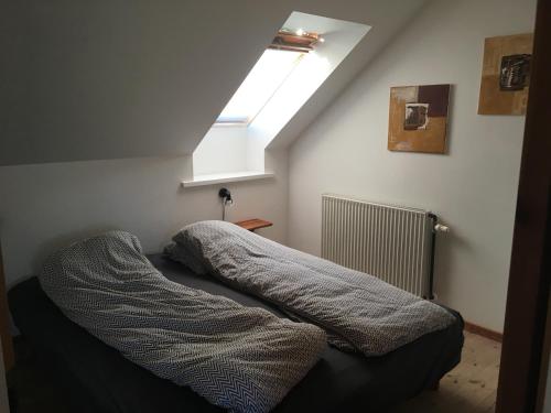 BillumNordly ferielejlighed的小型客房的一张床位,设有天窗