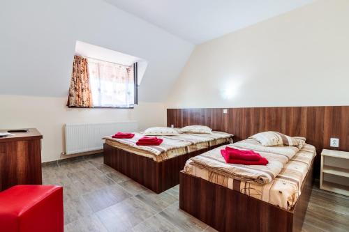 拉姆尼库沃尔恰Pensiunea Arthur的宿舍间内的两张床,配有红色枕头