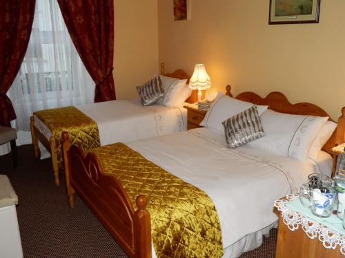新罗斯Inishross House的酒店客房设有两张床和窗户。