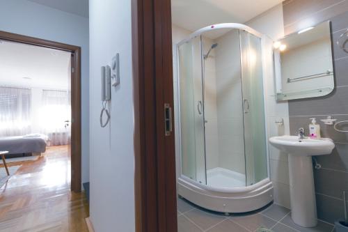 尼什Tea Studio Apartments的带淋浴和盥洗盆的浴室