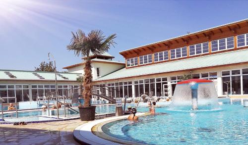 莫雄马扎尔古堡特玛尔水疗酒店的一座建筑前的游泳池,喷泉
