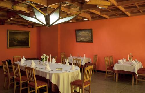 Iecava布林西斯汽车旅馆的一间带桌椅和吊灯的用餐室