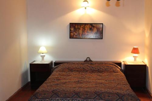 门多萨Casa de montaña, valle del sol, potrerillos, Mendoza的一间卧室配有一张床,两盏台灯放在两张桌子上