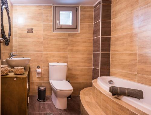 SinétionAnastasis Luxury Villa Andros With Heated Pool的浴室配有卫生间、盥洗盆和浴缸。