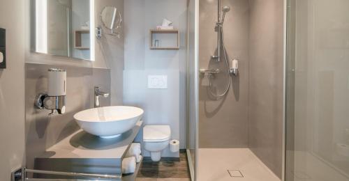 加瑞尔Hotel zur Post - Economy Rooms的一间带水槽、卫生间和淋浴的浴室