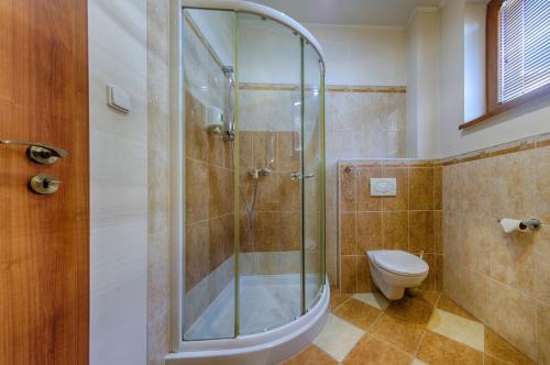 SládkovičovoHotel Tevel的带淋浴和卫生间的浴室