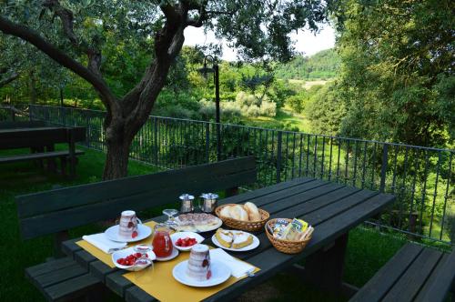 Teolo科尔德尔巴巴罗萨农家乐的一张野餐桌,上面有食物,享有美景