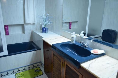 塞维利亚SEVILLA-TRIANA的浴室设有蓝色水槽和镜子