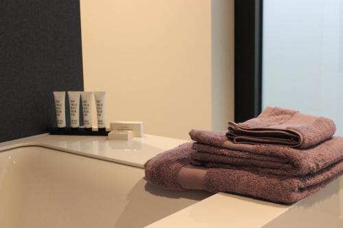 宗奥芬MAIO B&B en Dinner的浴室的台面上摆放着一堆毛巾