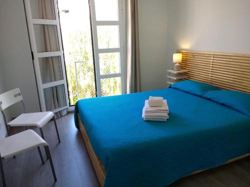 阿德耶普拉亚托维斯卡斯公寓的一间卧室配有蓝色的床和毛巾