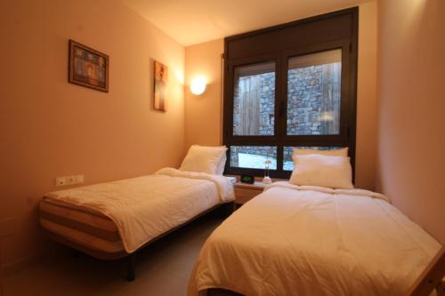 卡尼略Salze, Canillo, Zona Grandvalira的带窗户的客房内的两张床
