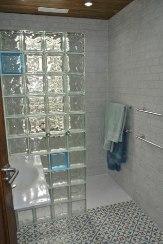 波多·纳奥斯Bungalows & Apartamentos Morani的浴室配有水槽和带玻璃门的淋浴